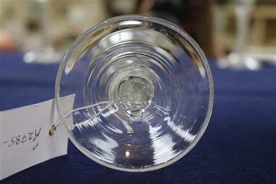 A wine glass with knopped opaque and mercury twist stem, c.1755, with bucket bowl, 6.25in.